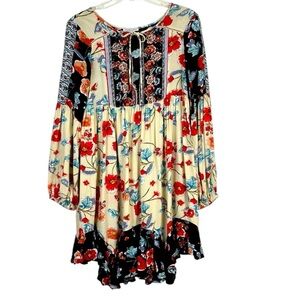 Patrons of Peace Floral Ruffle Babydoll Peasant Dress Tunic Tie Front XS